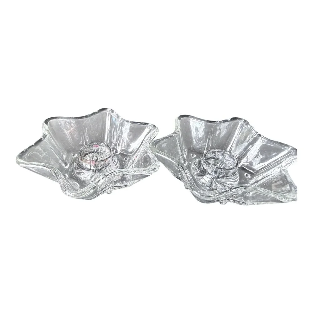 Vintage Star Glass Candle Holder Set Clear Scalloped Taper Holders 2pc Celestial
